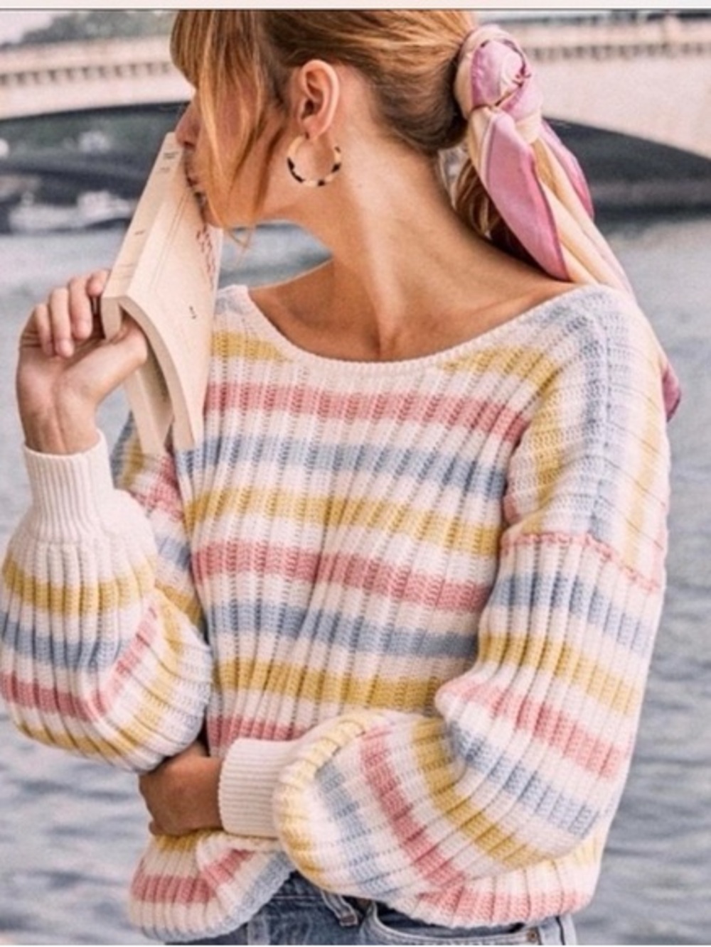 Sezane Thomas Rib Knit Pastel Stripe Sweater Sz Small